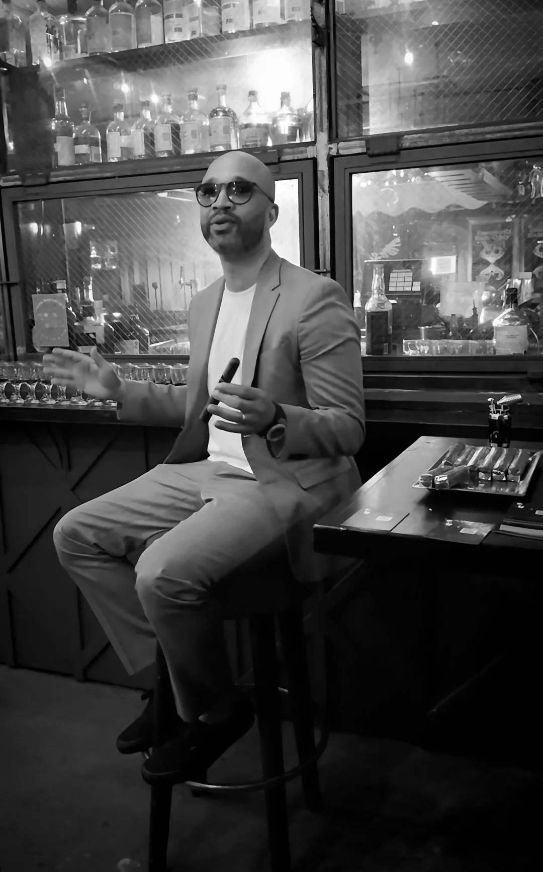 Omar McGee leading a tasting at the bar
